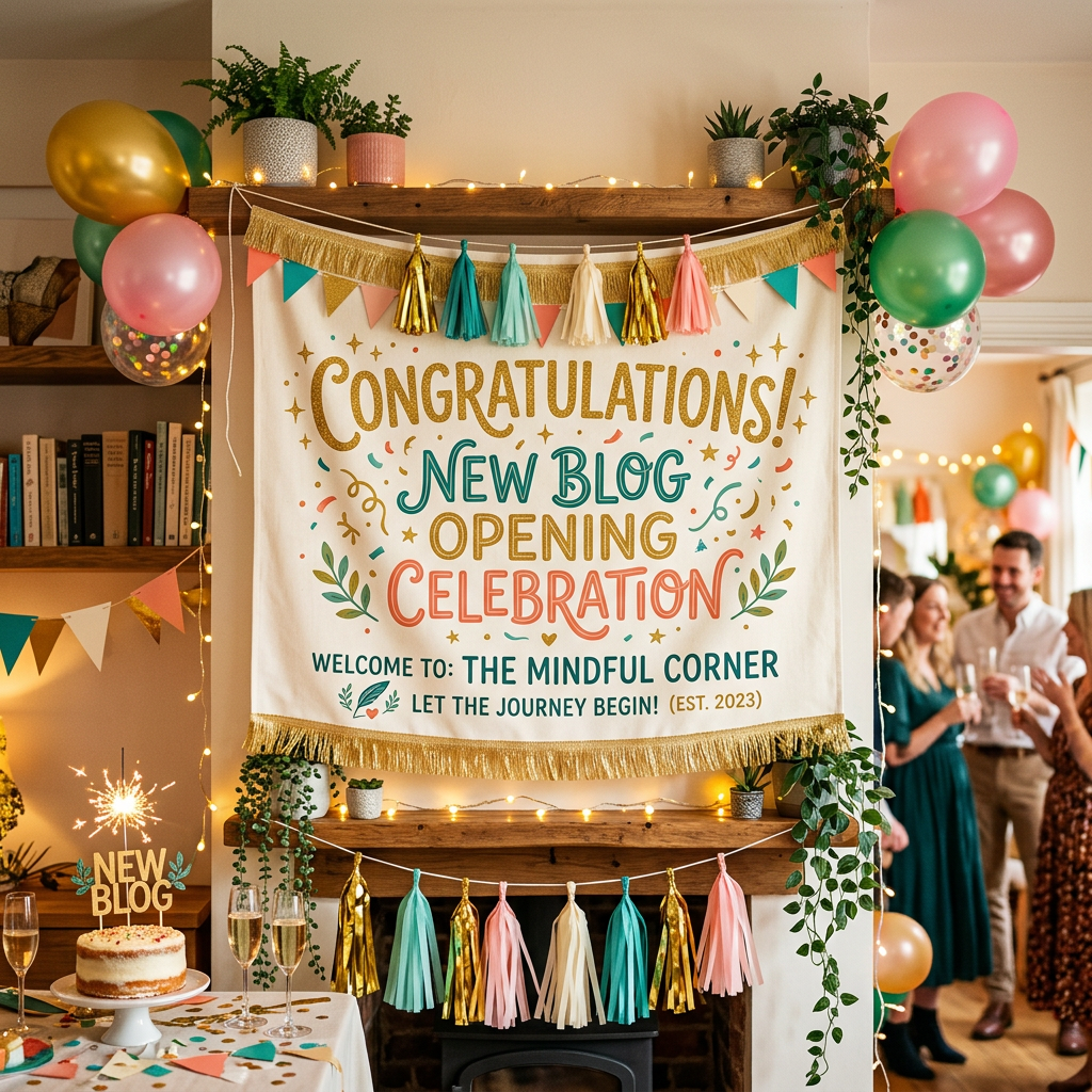Banner saying Congratulations! New Blog Opening Celebration at The Mindful Corner with balloons, cake, and guests